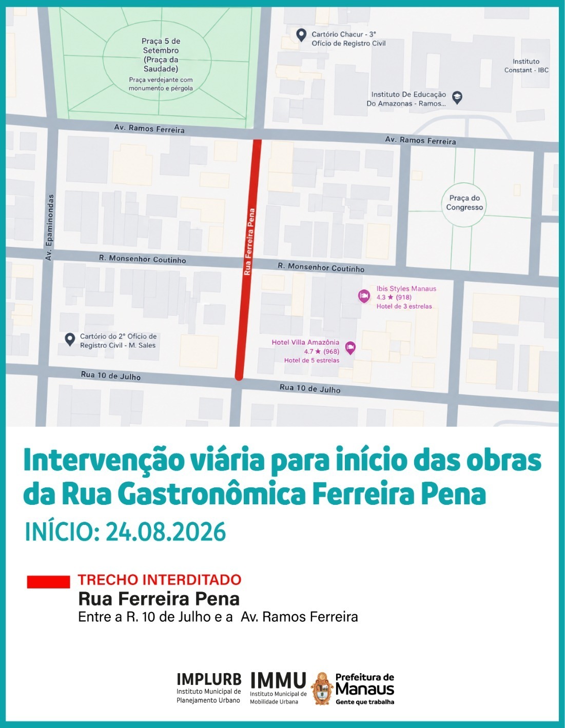 Prefeitura de Manaus inicia obras para transformar rua Ferreira Pena em via gastronômica